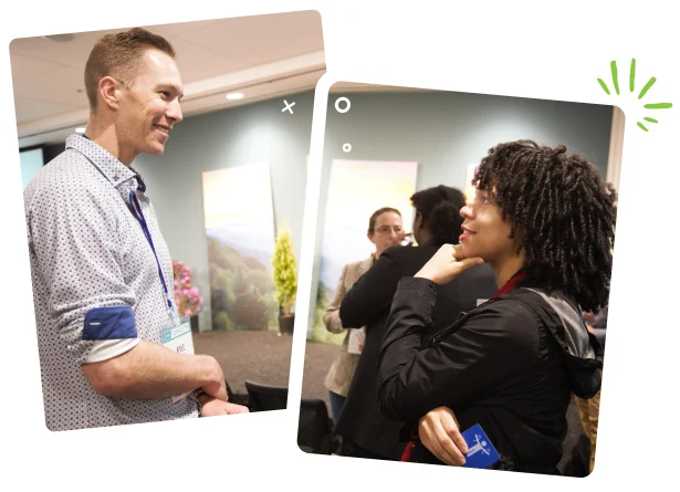Two guys connect through conversation at a conference using We Connect Cards