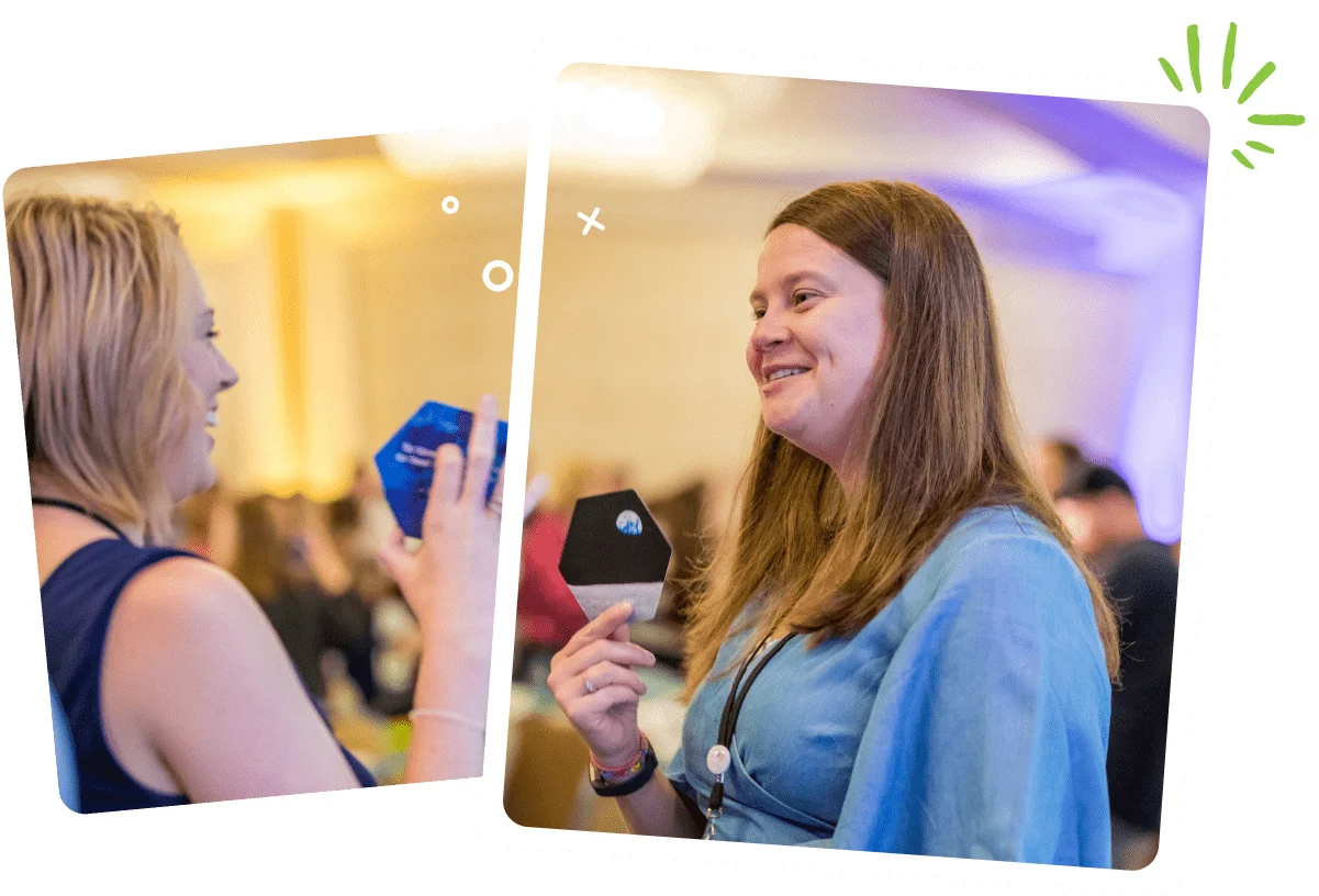 two women connect with lively conversation during a conference using the connection cards